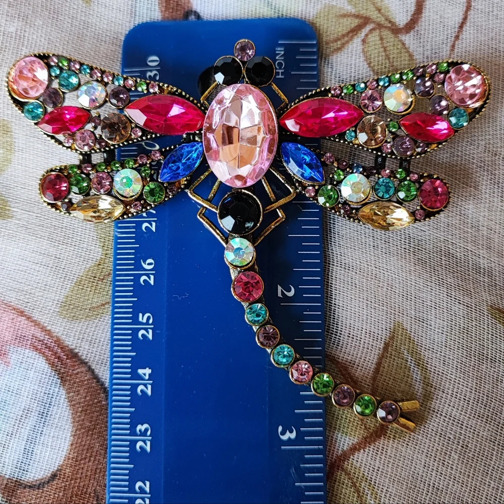Rhinestone Oversized Huge Dragonfly Brooch Pendant Pink Aurora Borealis NWOT
